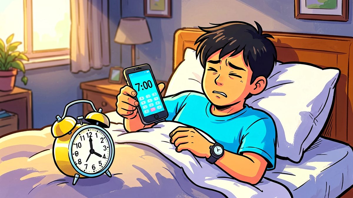闹钟响起，主角裹着被子挣扎不起