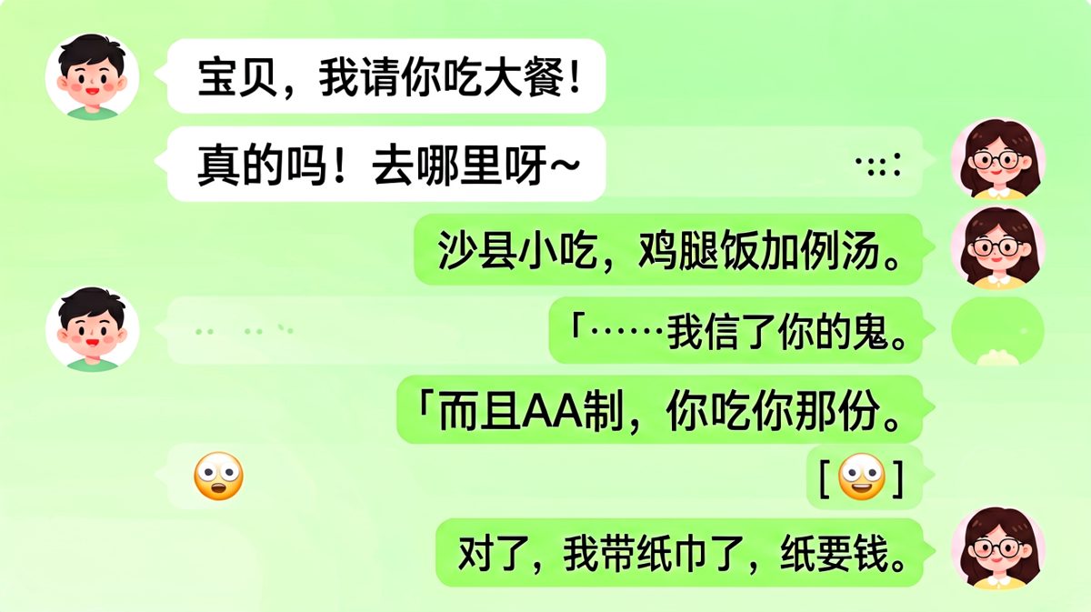 男生豪言请吃大餐，结果沙县小吃还要AA制并自带纸巾。
