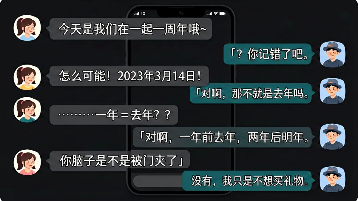 女生提醒一周年纪念日，男生用数学证明没必要送礼。