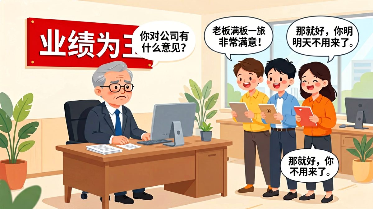 员工刚说完满意，就被老板当场辞退，理由是'那就好'。