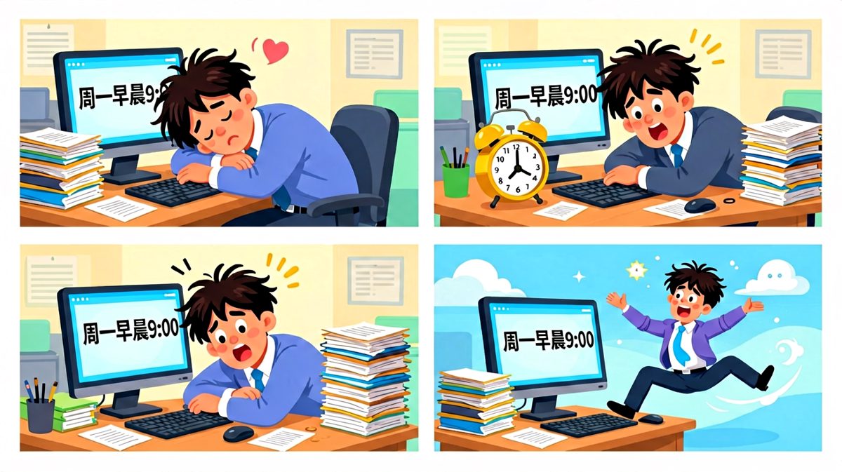 打工人周一的四个阶段：从沉睡到灵魂已离家出走。