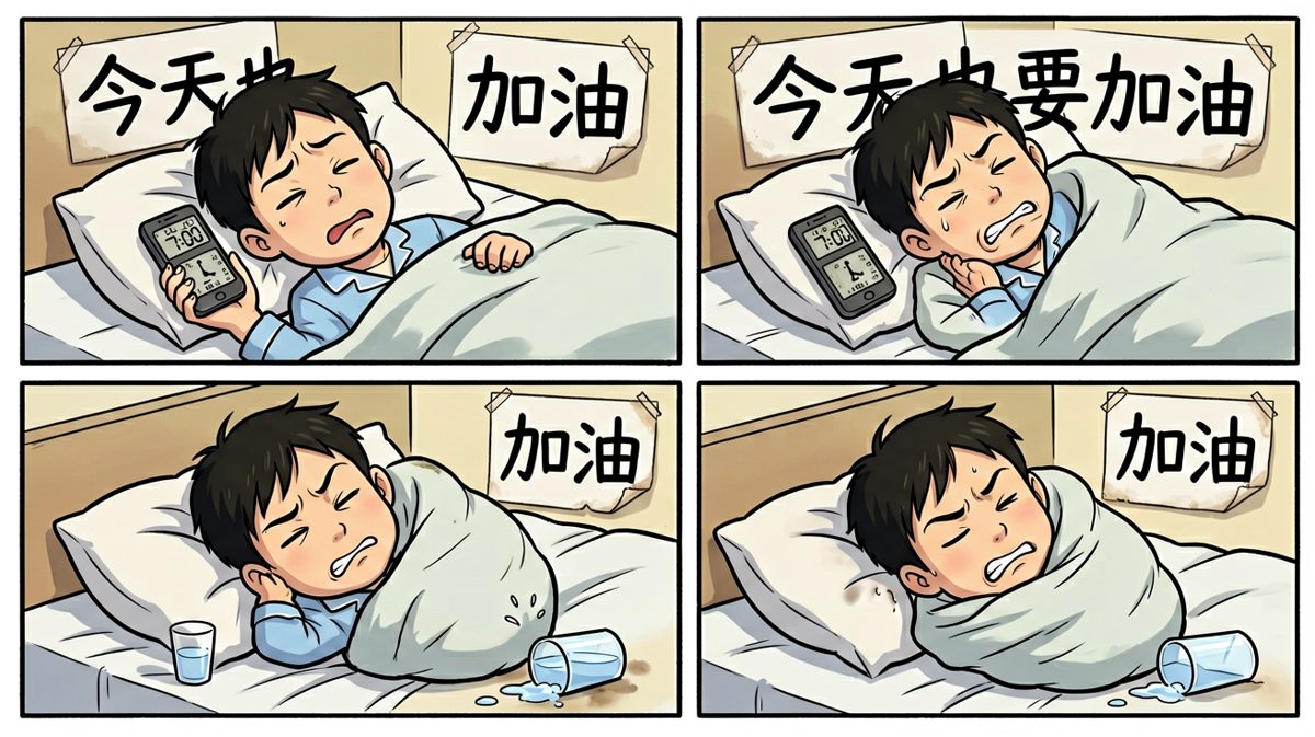 闹钟响起，主角拒绝起床