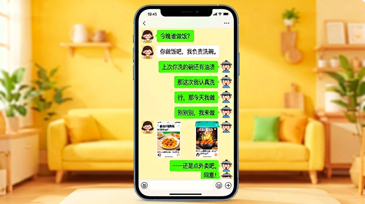 互相推脱谁做饭，最后发现两人一个不会做一个不敢吃