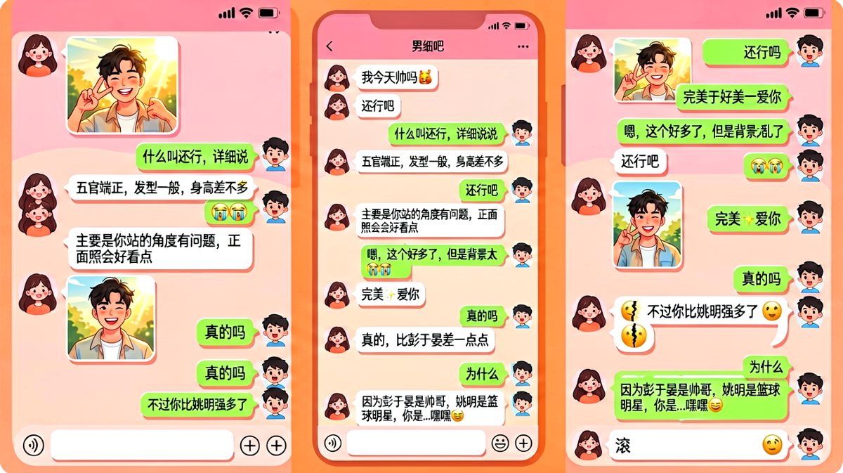 男生发自拍求夸，女生先夸后损，最后说他和姚明没法比因为不是同一类人