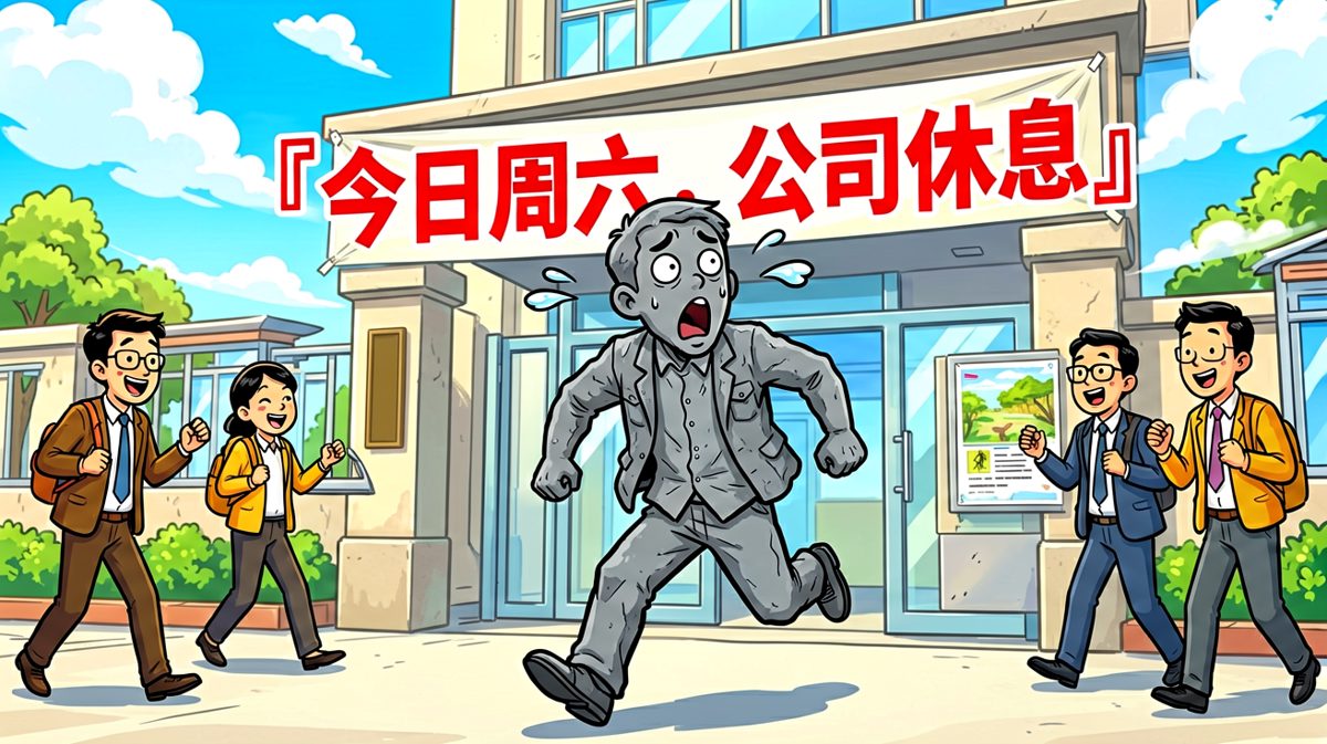 第四格：狂奔到公司，发现今天是周末……世界崩塌了