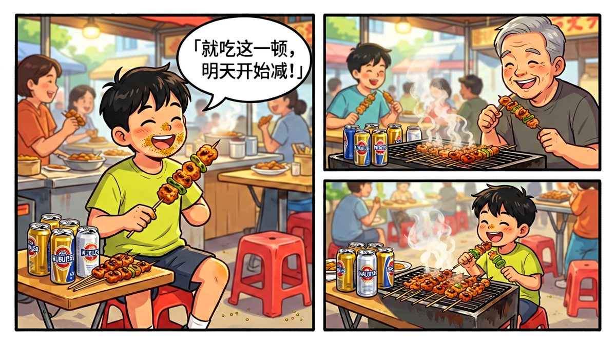 自我安慰：就吃一顿，明天再减——从不说谎（才怪）。