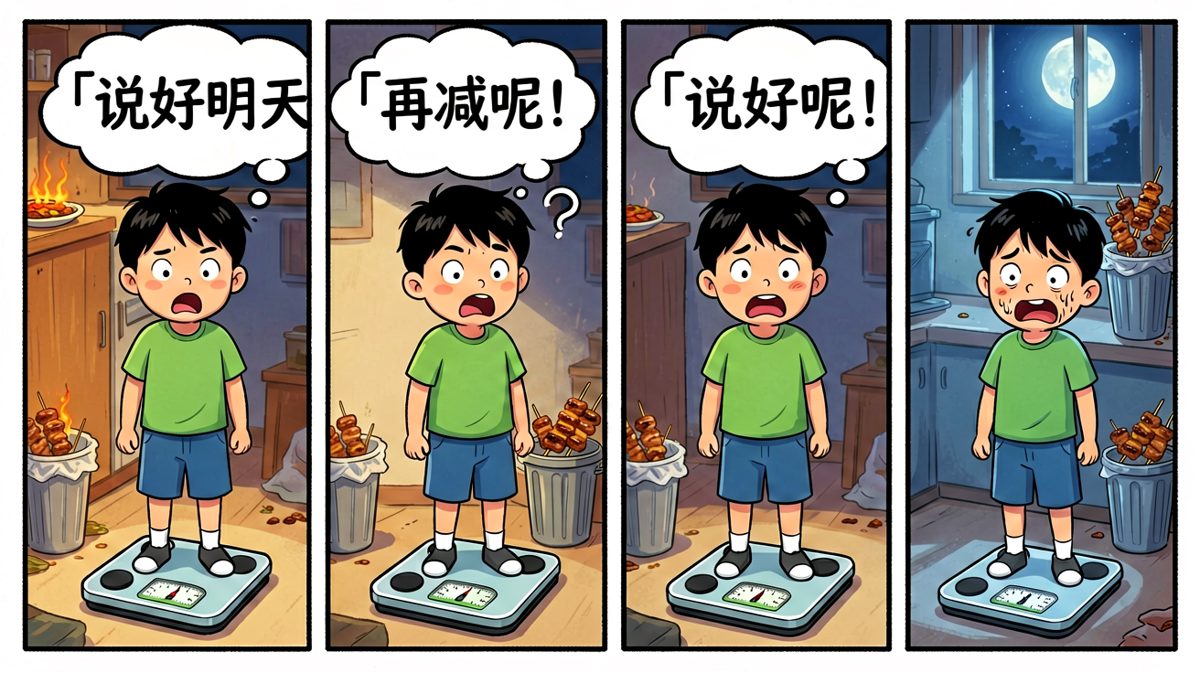第二天上秤，小明彻底破防——减肥从始至终都是说说而已。