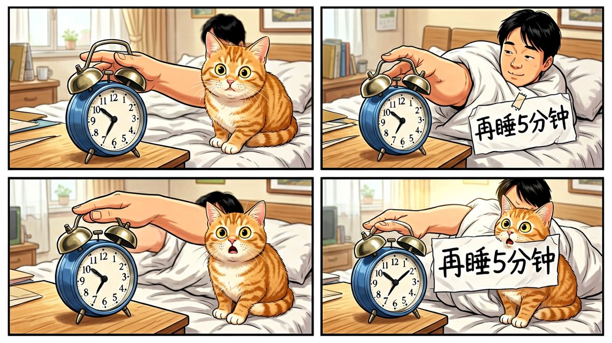 主角开启了'再睡五分钟'的经典操作。
