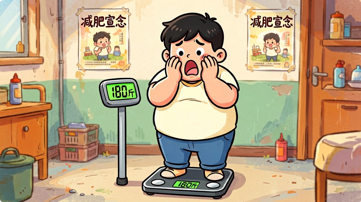 主人公看到体重秤上的数字，深受打击