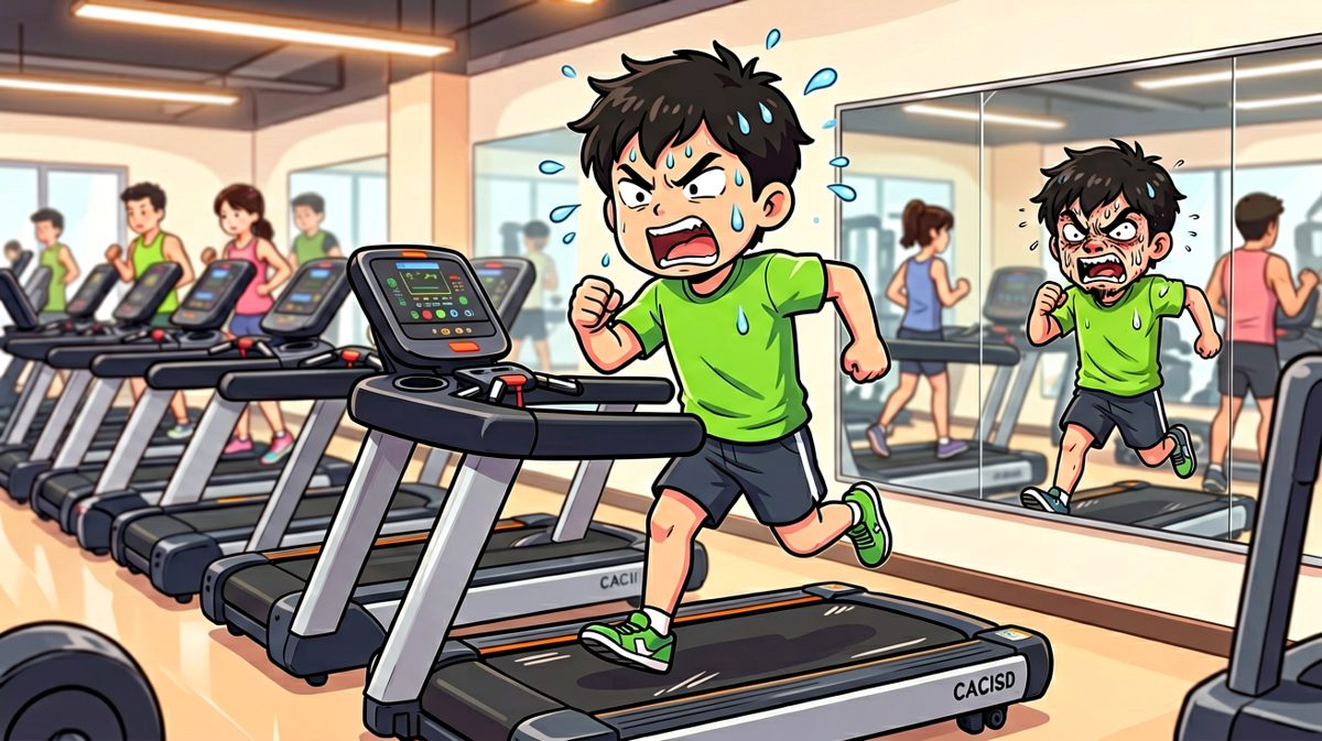 主人公在跑步机上努力锻炼，汗水狂流