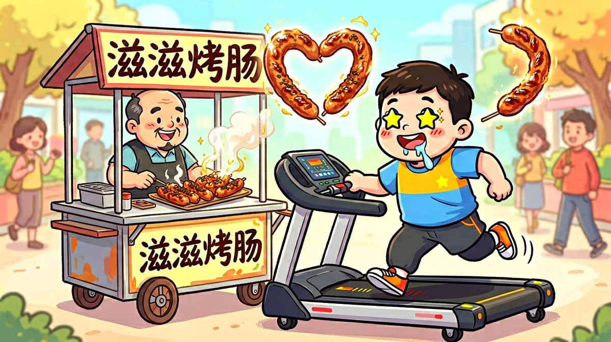 烤肠香气袭来，跑步机被加速，主人公正疯狂狂奔