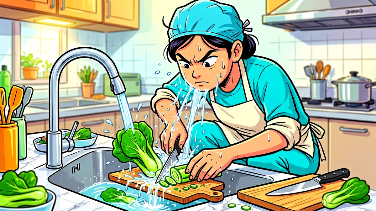第2格：洗菜切菜一丝不苟，仿佛在准备米其林三星级料理。