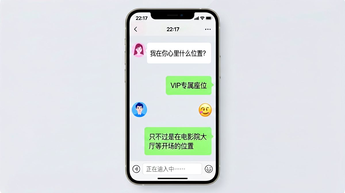 男生把女朋友安排在电影院大厅等开场。
