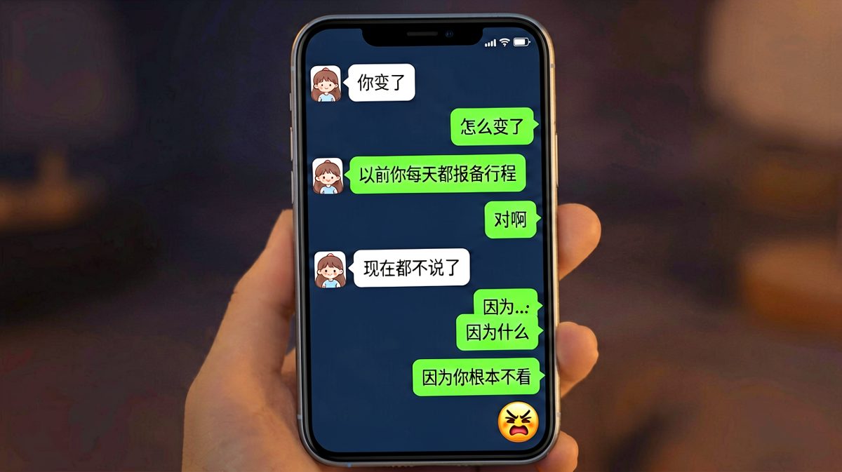 女生控诉男生不报备行程，男生反击说她根本不看消息