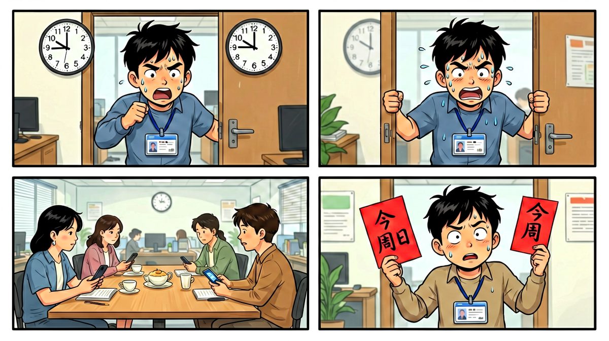 九点整，他冲进了……办公室？同事默默举起纸条：今天周日啊