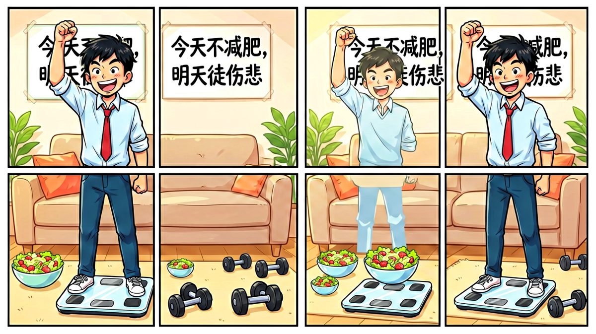 主人公信誓旦旦宣布减肥计划，信心爆棚。