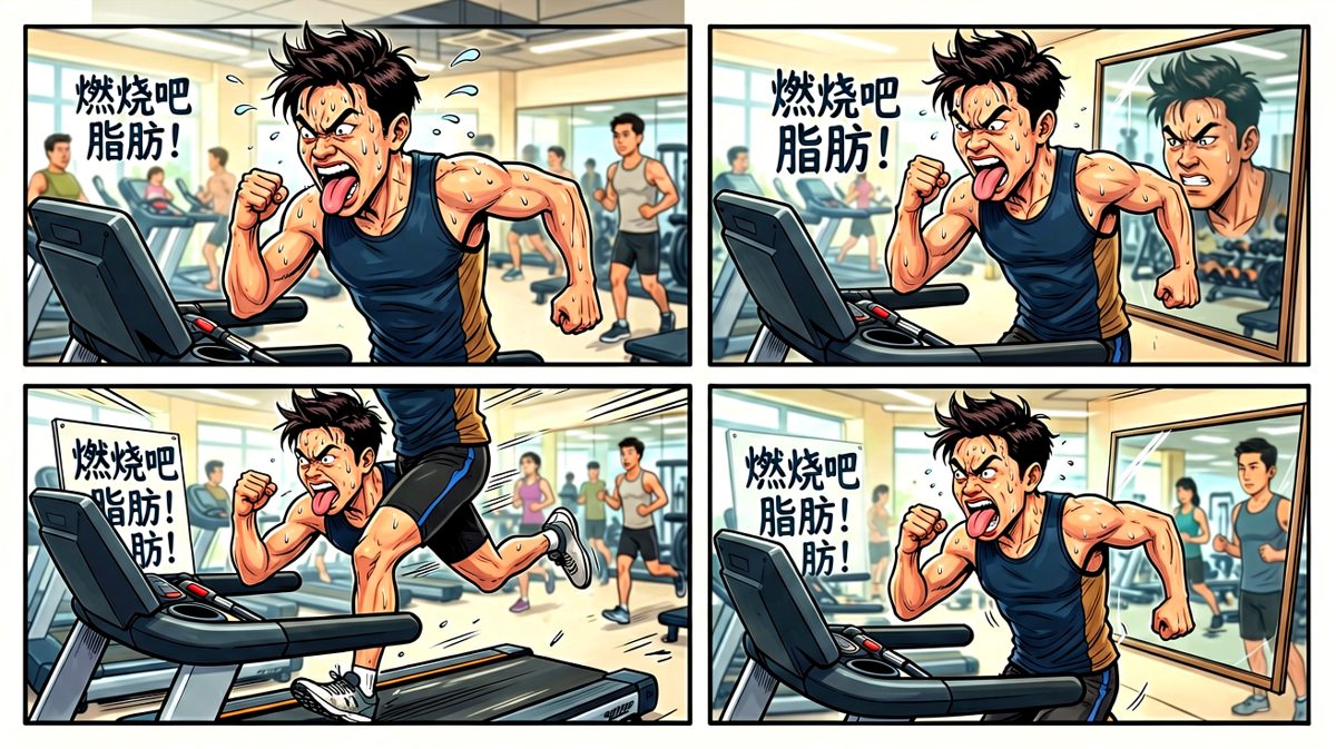 主人公在健身房挥洒汗水，拼尽全力锻炼。