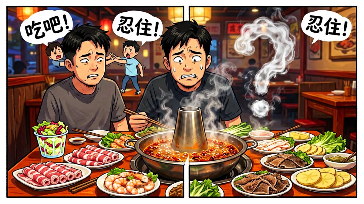 面对美食诱惑，主人公陷入激烈的内心挣扎。