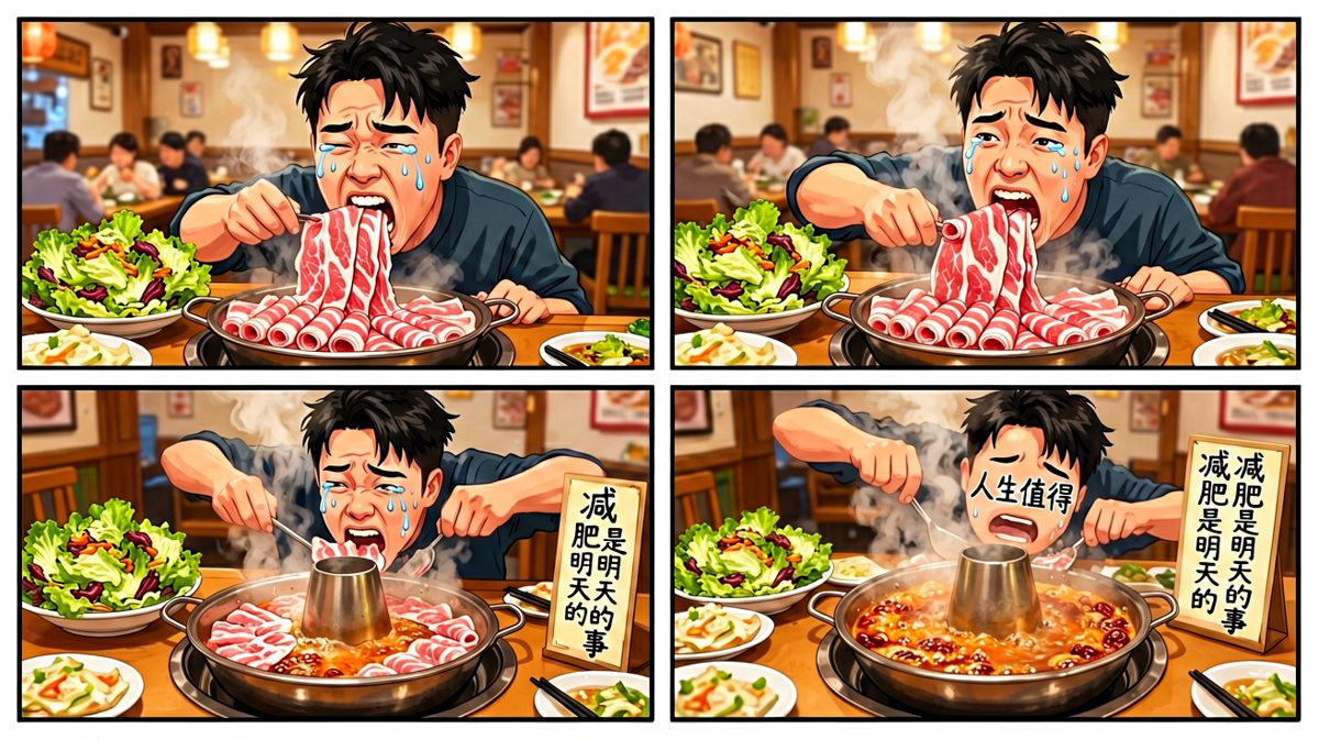 挣扎结束，主人公向美食彻底投降，泪流满面却心满意足。