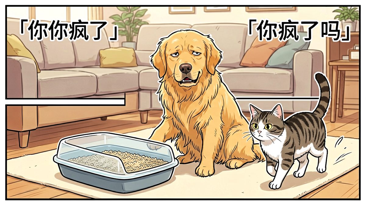 「狗子，你连猫砂盆都敢坐？我是真的服了。」