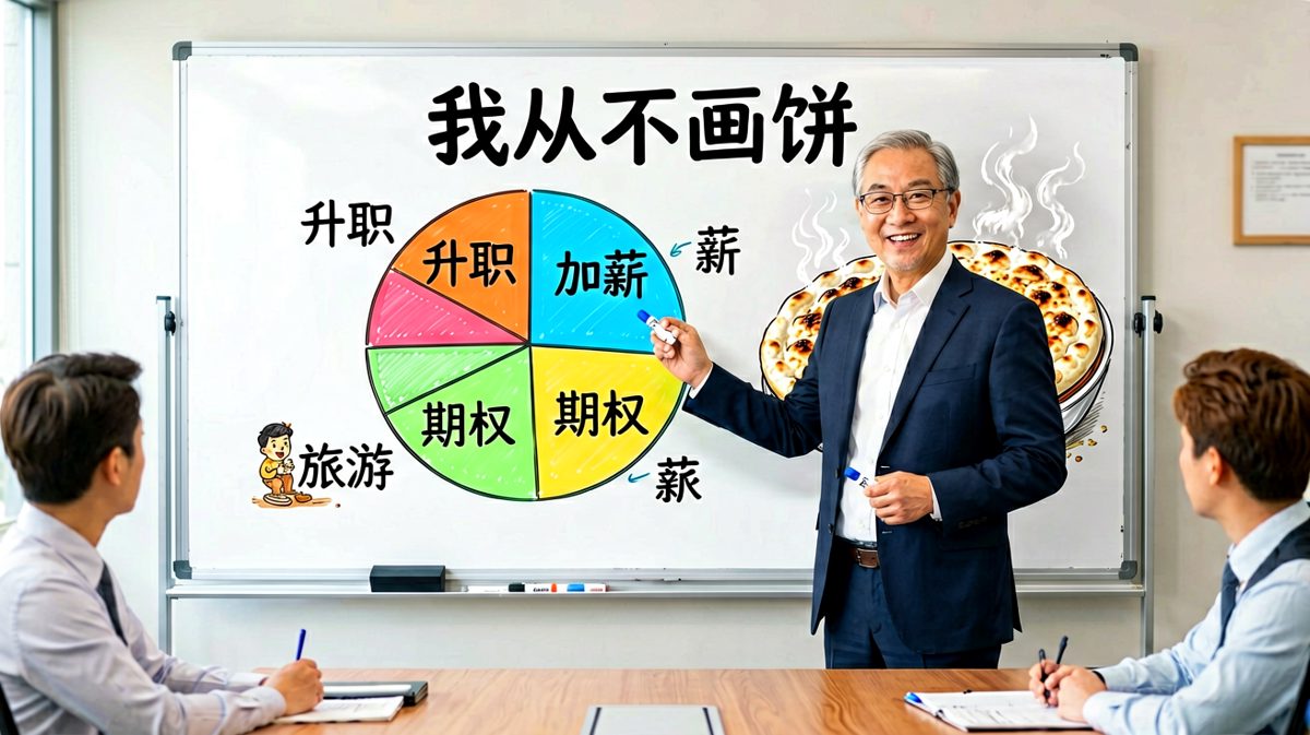 老板信誓旦旦说不画饼，结果白板上全是饼，旁边还摆了一个真饼——'这是给你的福利'