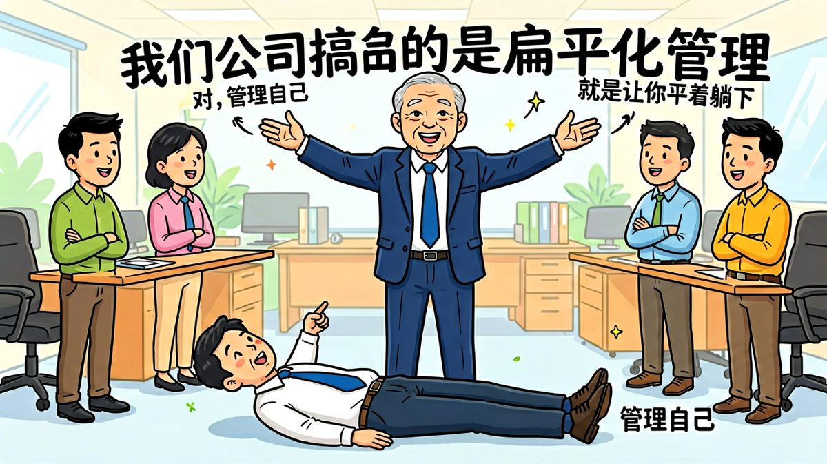 老板说扁平化管理，员工理解为'躺平'，结果老板说'对，就躺那儿自己管自己，别管我'