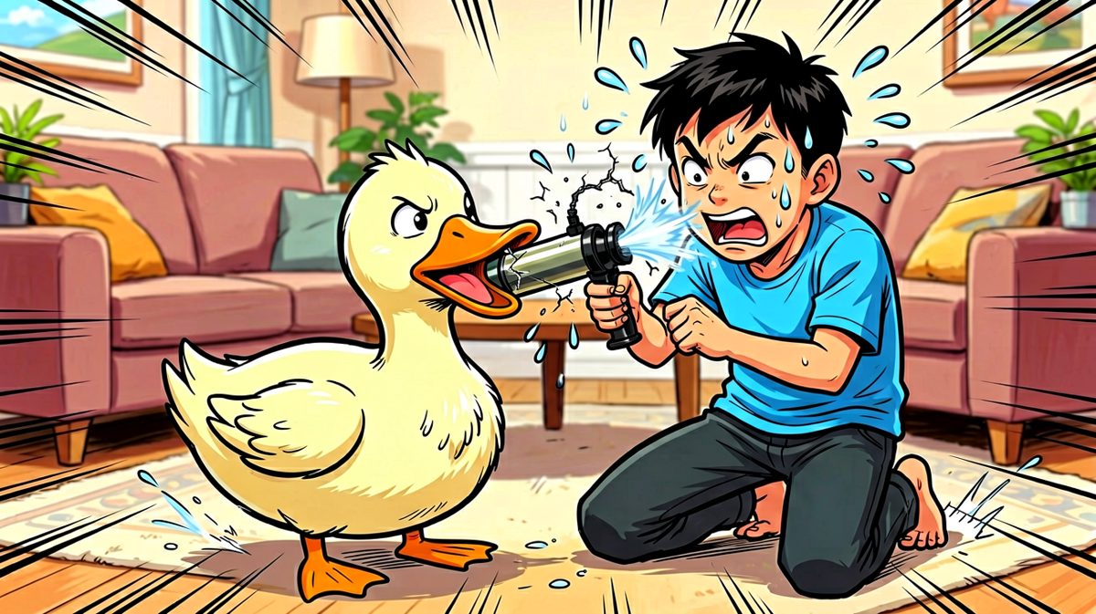 拼了命地打气，结果……鸭子没鼓，自己先被打了一脸。