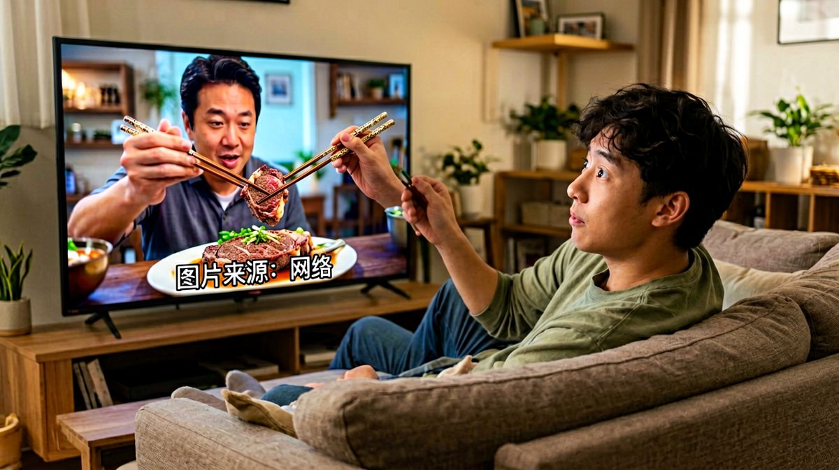 第一格：主角看美食节目，学到了一个奇怪的'技巧'