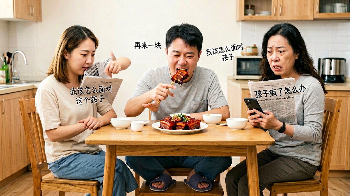 第四格：主角心满意足，妈妈已经开始搜索解法了