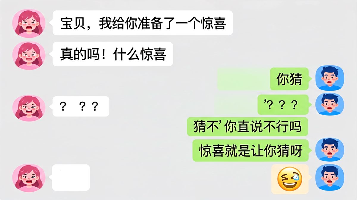 男生说是惊喜，结果惊喜就是'让你猜'本身