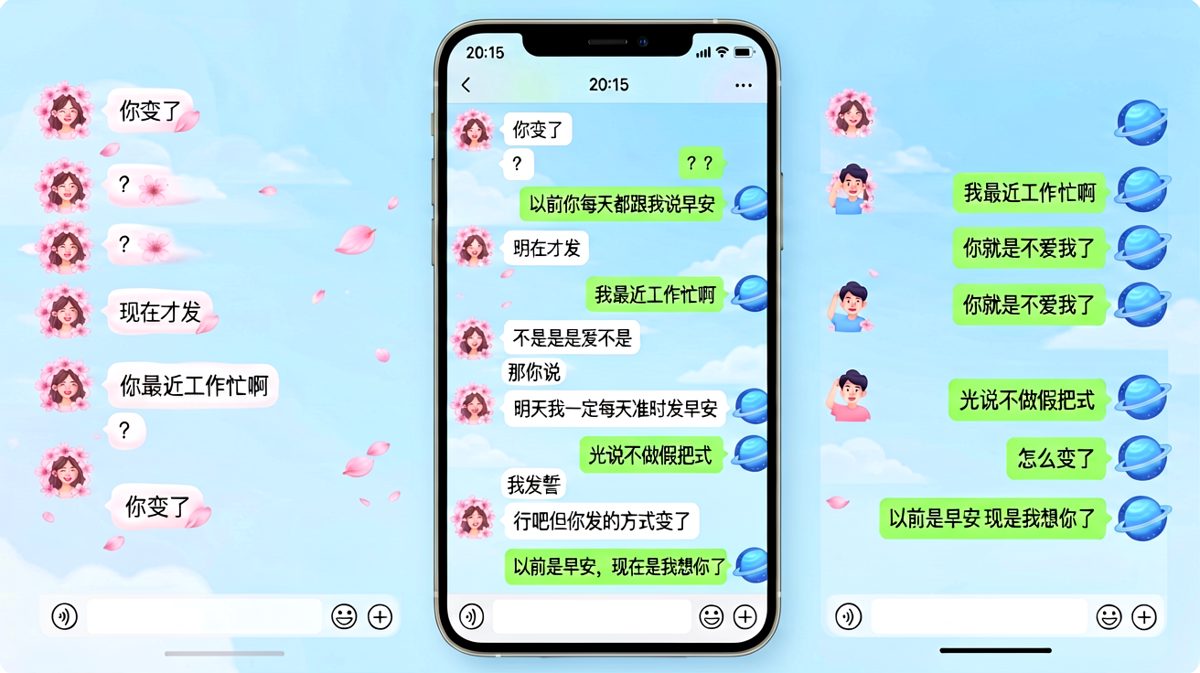 女生以'你变了'开场逼问关心度，最后男生用土味情话反杀成功