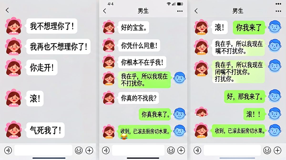 女生连环生气，男生用佛系应对反而让反转更搞笑