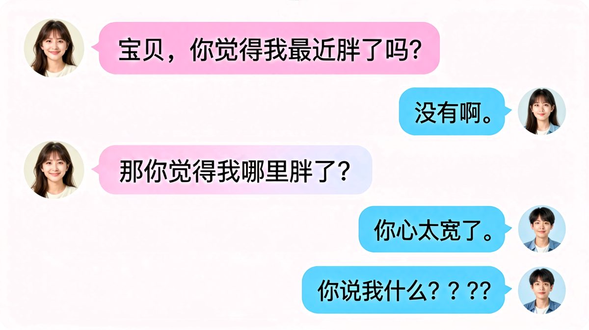 问男生'我胖了吗'，结果他把锅甩给了心态。