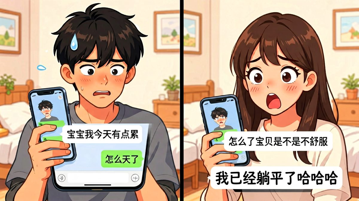 男生假装生病求安慰，结果被发现是在家躺着吃零食