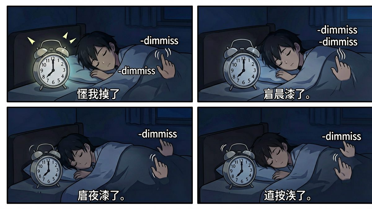 闹钟一个一个响，手比脑子快，闭眼秒杀所有闹钟。