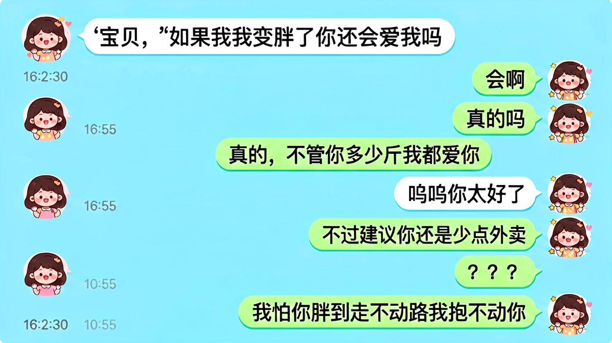 "不管你多少斤我都爱你"——后半句直接送走