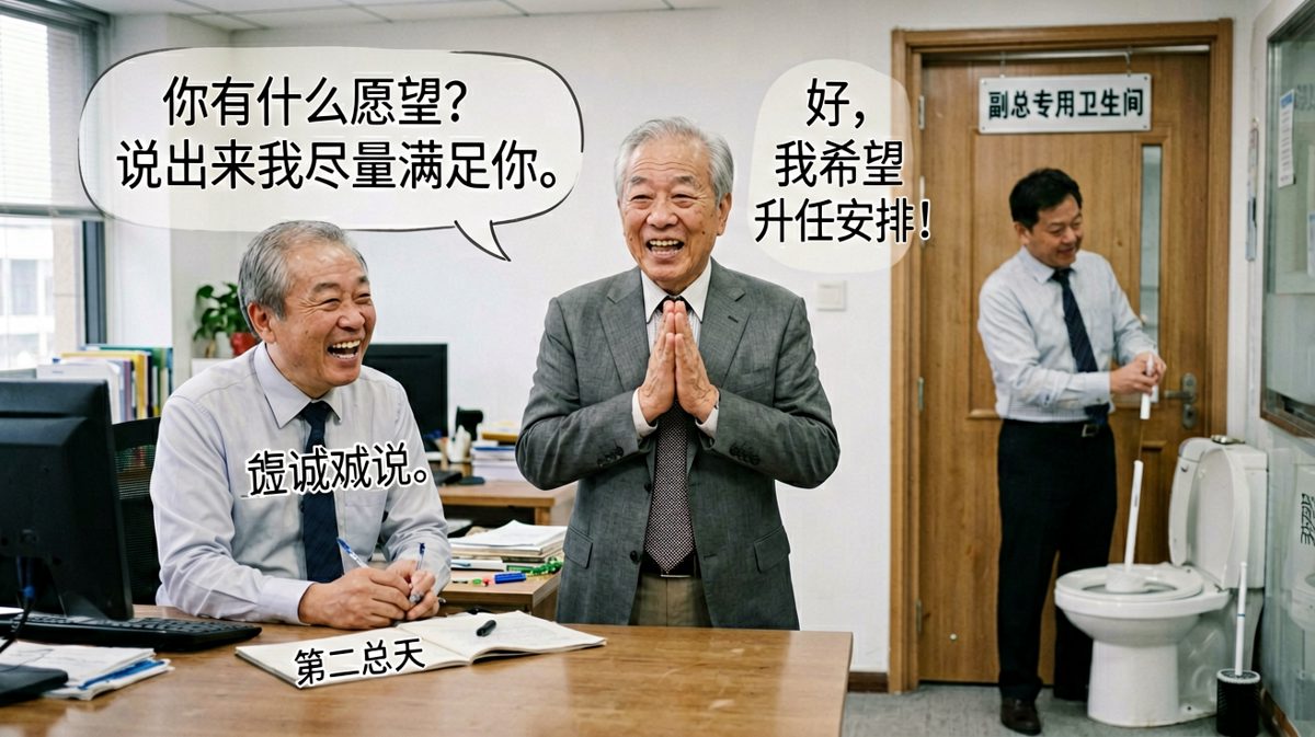 老板让提愿望，员工升职当上'副总专用卫生间保洁'。