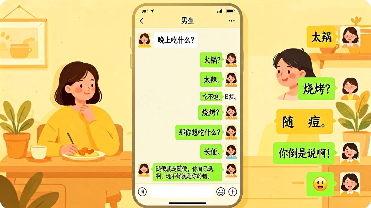 「随便」是情侣间最危险的词汇，男生永远猜不对女生的随便