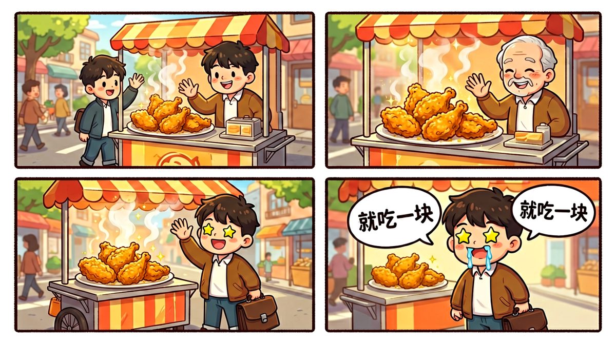 然而，炸鸡的香气让决心开始动摇。