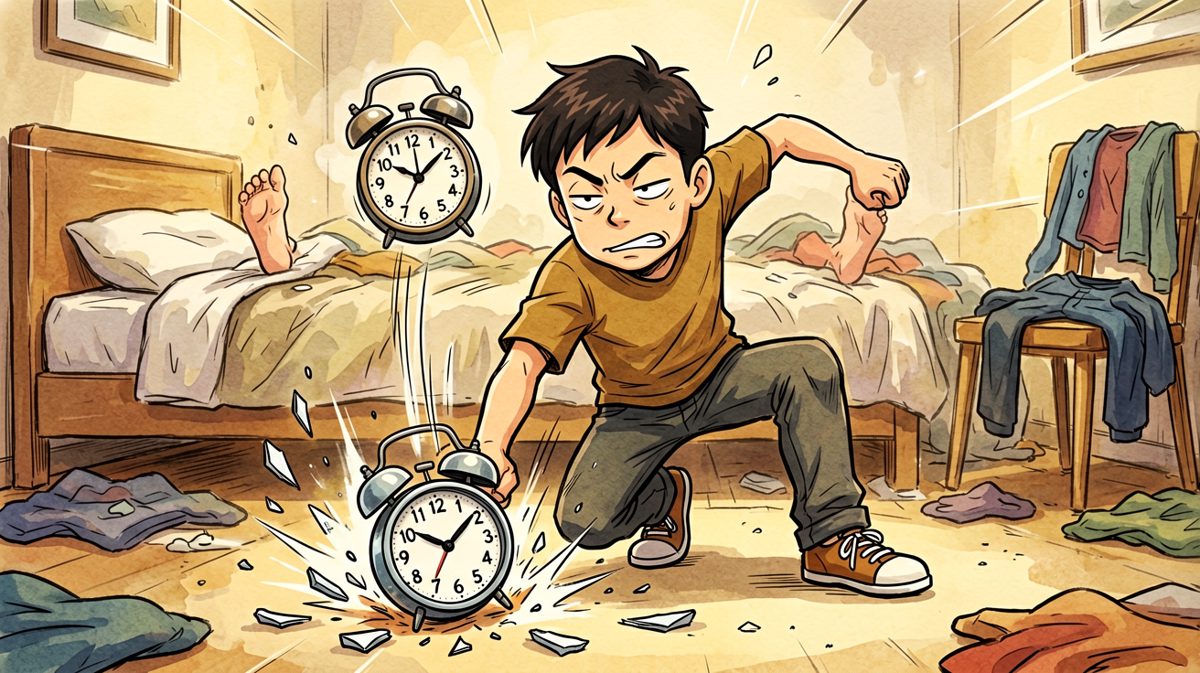 主角忍无可忍，一脚把闹钟踢飞
