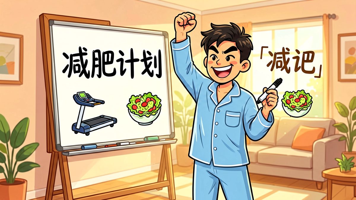 年轻人对着镜子立下减肥flag，信心满满。