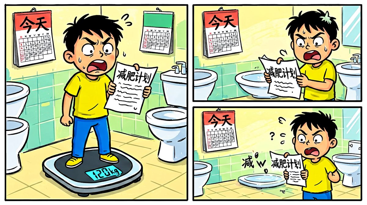 小明看到体重秤上的数字，震惊又下定决心减肥。