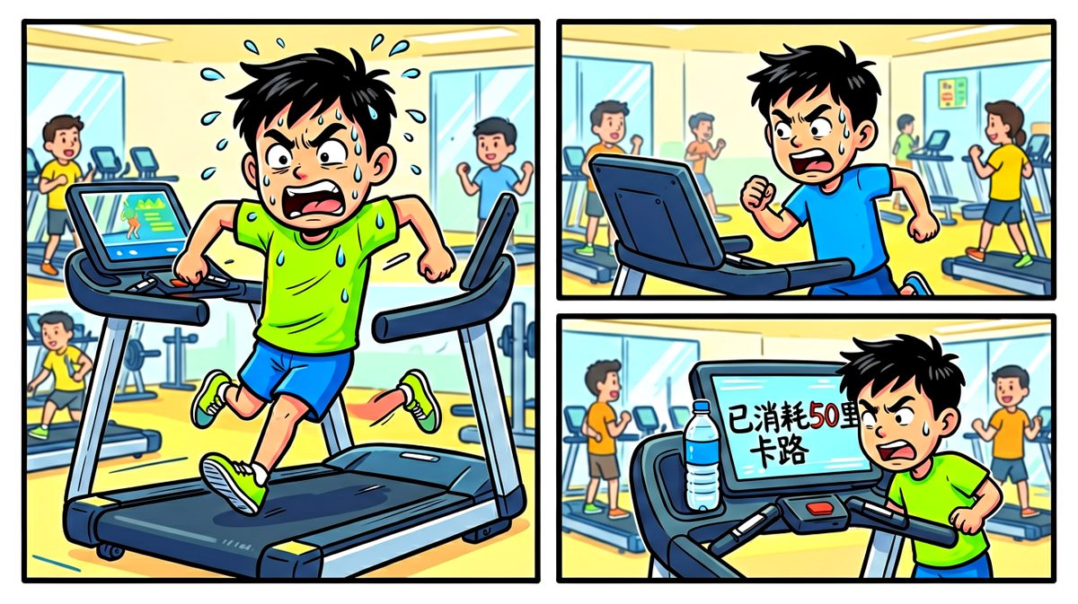 小明在健身房奋力锻炼，虽然辛苦但意志坚定。