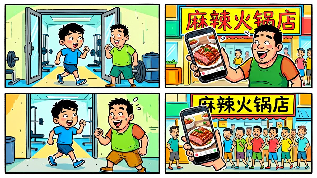 刚想坚持的小明，被朋友和美食'击溃'了意志。