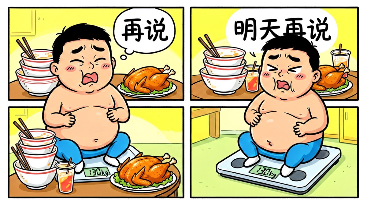 一顿火锅之后，体重反而涨了十斤，小明安慰自己明天再减。
