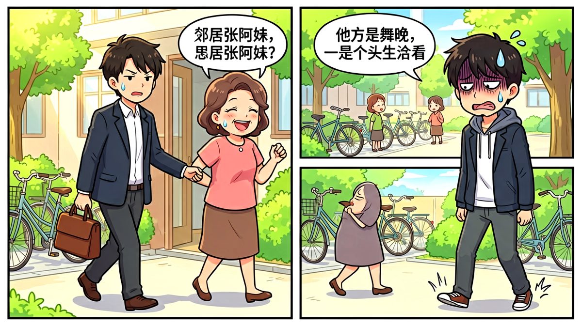 刚出门就被热心邻居张阿姨拦住聊天，社恐瞬间血压飙升。