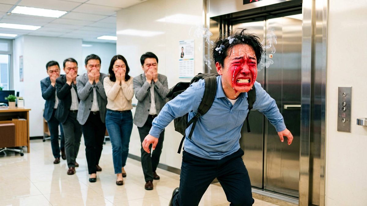 冲出电梯瞬间，主角面红耳赤，社死边缘。