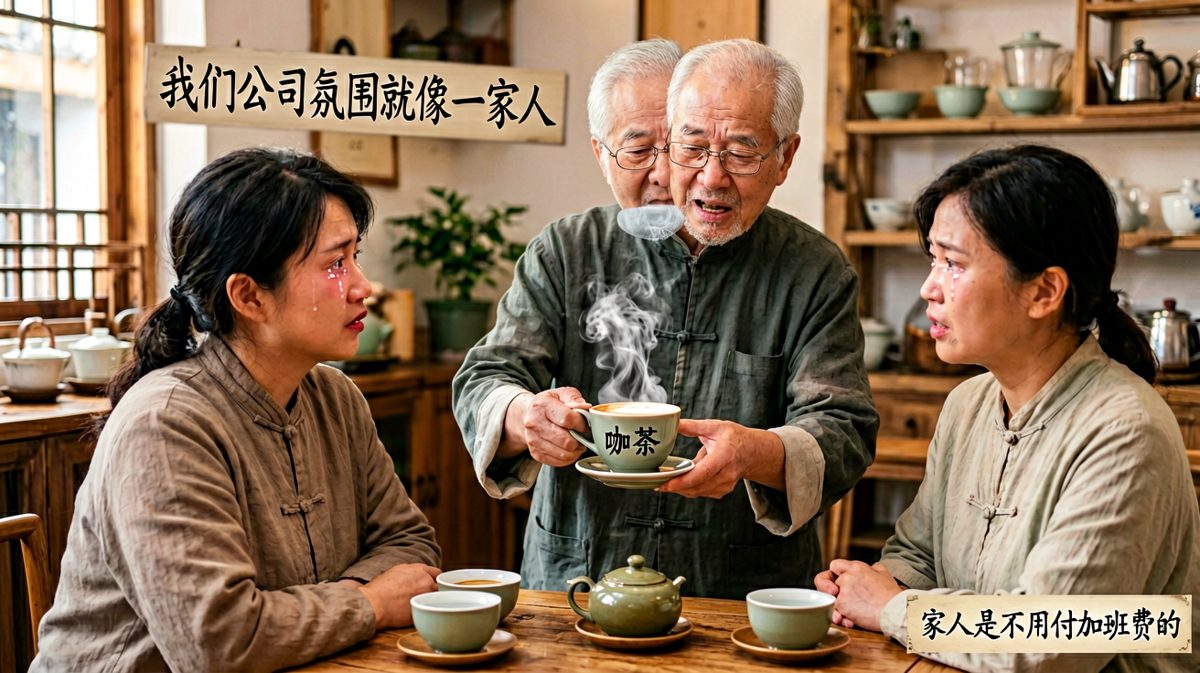 老板：我们把公司当成一个家。我：太感动了！老板：那就周末来帮家里修一下空调吧。