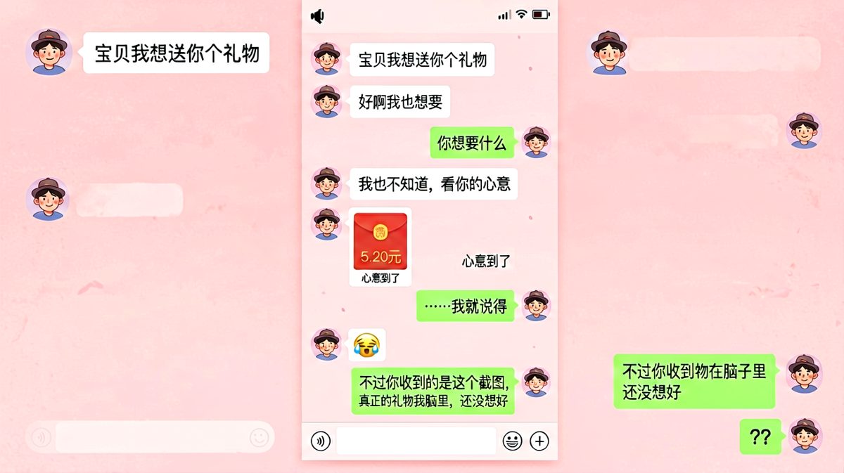 男生用五块二红包糊弄过去，还说礼物在脑子里。