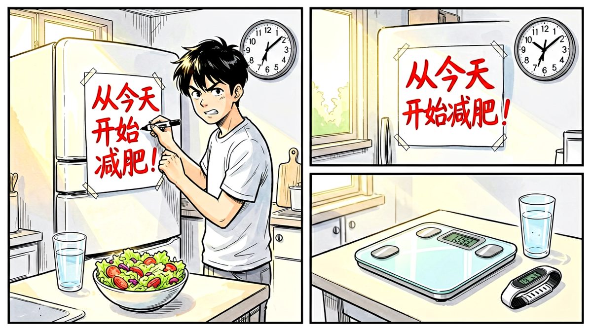 早上雄心壮志，在冰箱贴上减肥宣言